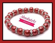 Elastic Glass Pearl & Silver Diamante Rondelle Bead Bracelet - 29+ Colours - 8mm
