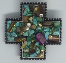 Trophy Cross Belt Buckle Polished Antique Pewter turquoise stones Vintage C8