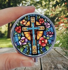 TRAVEL PILL BOX POT METAL ROUND-CROSS/PRAYER/FLORAL - COLOURFUL MEDICINE BOX-NEW
