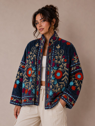 Blue velvet suzani embroidered - blue,