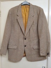 Mens 44in Chest 100% Wool Vintage Tweed Herringbone Check Blazer Cream & Brown 