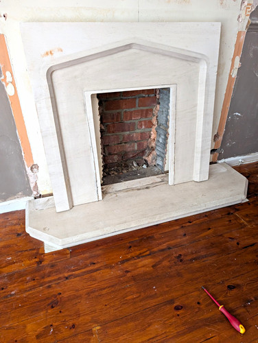 Beige stone fireplace surround - beige,