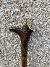 HAND CARVED STAG HORN WALKING STICK LITTLE OWL AND MOUSE HAZEL SHANK 45.5"