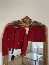 Zara Red Tweed Skirt & Jacket Gold Button Co Ord Set Size XS