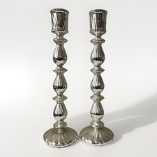 Thin Glass Candle Holders Pair Shiny Silver Tone 12.5” Tall Christmas Candles