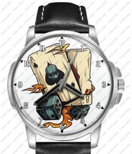 Aces Dice Card Player Black Leather Strap Watch