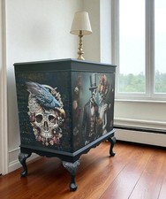 Gothic/Steampunk dresser cupboard, Music unit, Black with decoupage, skulls.