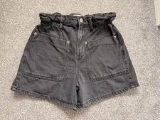 Zara Girls Black Denim Paper Bag Waist Shorts Age 13-14 Years