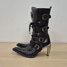 New Rock Malicia Black Leather Mid Calf Punk Tall Heeled Buckle Boots Uk 5 Eu 38
