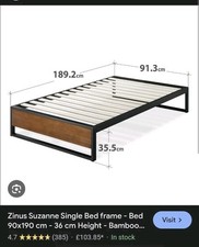 Zinus Suzanne Single Bed frame - Bed 90x190 cm - 15 cm Height - Bamboo and Metal