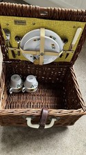 Vintage Brexton Wicker 2 Person Picnic Hamper With China 1950s Mid Century