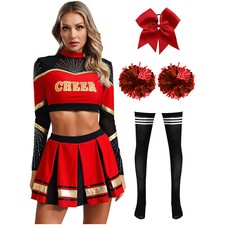 Women Cheer Leader Costume Cheerleading Uniform Dress Crop Top and Pleated Skirt
