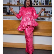 Women's African Designer Bazin Riche Evening Gowns Large Size with Headscarf