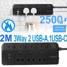 NEW 2m 3Gang Way Extension Lead Power Strip Surge Protector2*USB+1*USB-C Sockets