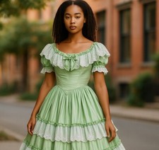 Victorian Dress Green Satin Southern Belle Civil War Costume Reenactment Gown
