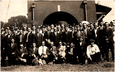 Group of Men at Railroad Depot Western Union Office Sign 1900s RPPC Postcard