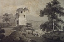 Original Watercolour, 'Landscape with Tower', Unknown Artist - Late 19th Century