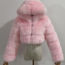 Hot-Lady Furry Faux Fur Cropped Coats Womens Fluffy Top Coat Hooded Warm Jackets