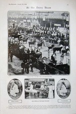Original Old Antique Print 1908 Dairy Show Agricultural Hall Butter Dairymaids