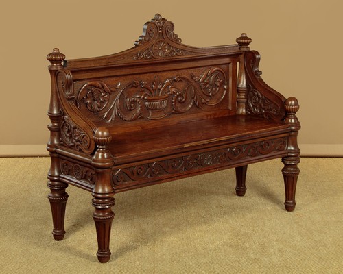 Antique carved oak hall bench - carved,