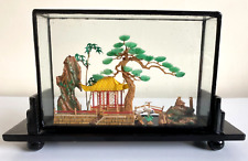 Chinese Colourful Cork Diorama Art  Trees Storks Pagoda Bridge