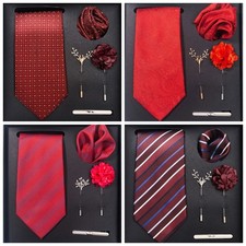 Red Necktie,Tie Clip,Hanky,Brooch,Corsage,Cufflinks 6pc Set Exclusive with Box