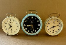 3 Vintage Mechanical Wind-up Alarm Clocks 1950's,Painted Metal cases,not running