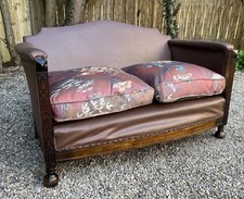 Antique 2 Seater Sofa Art Deco Arts & Crafts Carved Oak Studded Leather