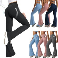 Women's Flare Leggings Pockets Crossover High Waist Bootcut Pants Bell Bottom