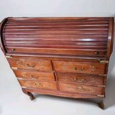 Hand Crafted Ornate Roll Top Bureau, Rosewood With Brass Inlay