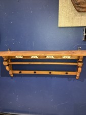 Vintage German wooden wall hanging shelf / With Porcelain Name tags 70 Cm Wide