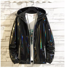 Metallic Jacket for Men's Solid Zipper Sparkle Shiny Hooded Windbreaker Casual