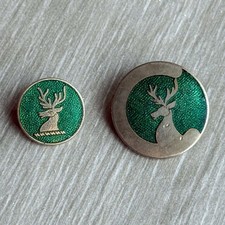 Pair of Vintage Deer Stag Head Enamel Lapel Pin Badges, Sporting Hunting Hounds