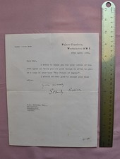 " STANLEY BALDWIN  PM "   SIGNED LETTER IN RESPONSE TO A GIFT  (SIZE 10" x 8")