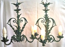 PAIR ITALIAN TOLE PAINT GREEN CHANDELIERS HAND MADE WROUGHT IRON CEILING LIGHTS