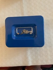 Metal steel 8in blue money box tin deposit security safe  with handle & keys
