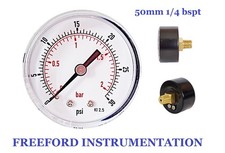 Pressure Gauge 50mm Dial 1/4 BSPT Back 0/15,30,60.100,160,300 PSI & Bar. 2.5%