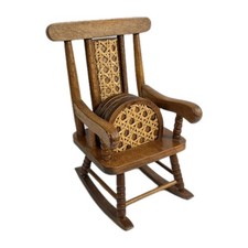 Vintage Wooden Rocking Chair Coaster Holder 6 Woven Rattan Coasters Set Retro