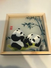 Chinese Silk Art Hand Woven Embroidered Panda Bears Under Glass. New