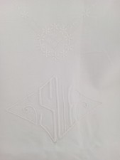 French Vintage White Linen Sheet /monogram  4 Patterns Across Top. Lovely Edging
