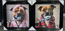 Black step framed Staffy dogs brushing teeth male female quirky picture wall art