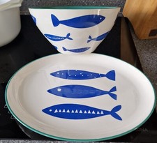 Mikasa  Large Ceramic serving dish 12 "  & serving bowl 9"  fish design BNWT