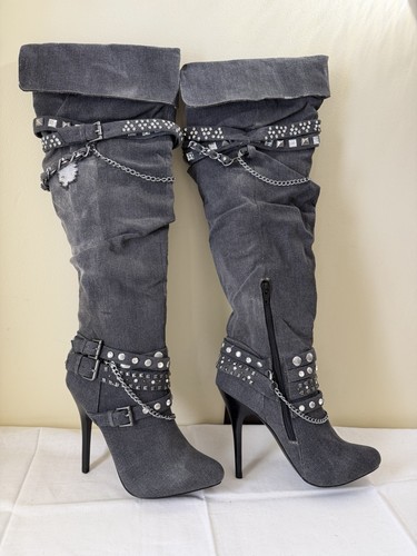 Patient grey denim knee high - grey,