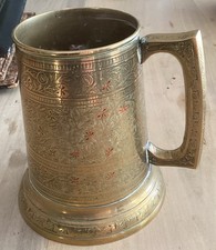 Vintage Brass Pint Tankard with Glass Bottom, Etched & Coloured