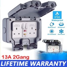 OUTDOOR SOCKET WEATHERPROOF STORM DOUBLE SWITCHED RCD SOCKET 13A 2 GANG IP66