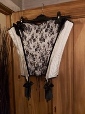 Corset Basque boned with front suspenders white with black lace detail