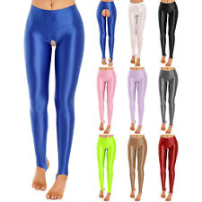 Woman Crotchless Leggings Shiny Glossy Elastic Waistband Skinny Stirrup Pants