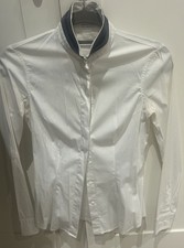 BRUNELLO CUCINELLI White Cotton Blend Grey Navy Embroidered Neck  Shirt Top UK S