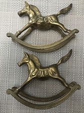 Solid BRASS ROCKING HORSES PAIR Detailed Ornament Vintage Figurine 12.5cm x 16cm