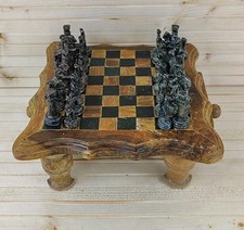 Handmade Hand Craft Mini Wooden Chess Table 8x8x3 Pewter Piece King 2"Pawn 1.25"